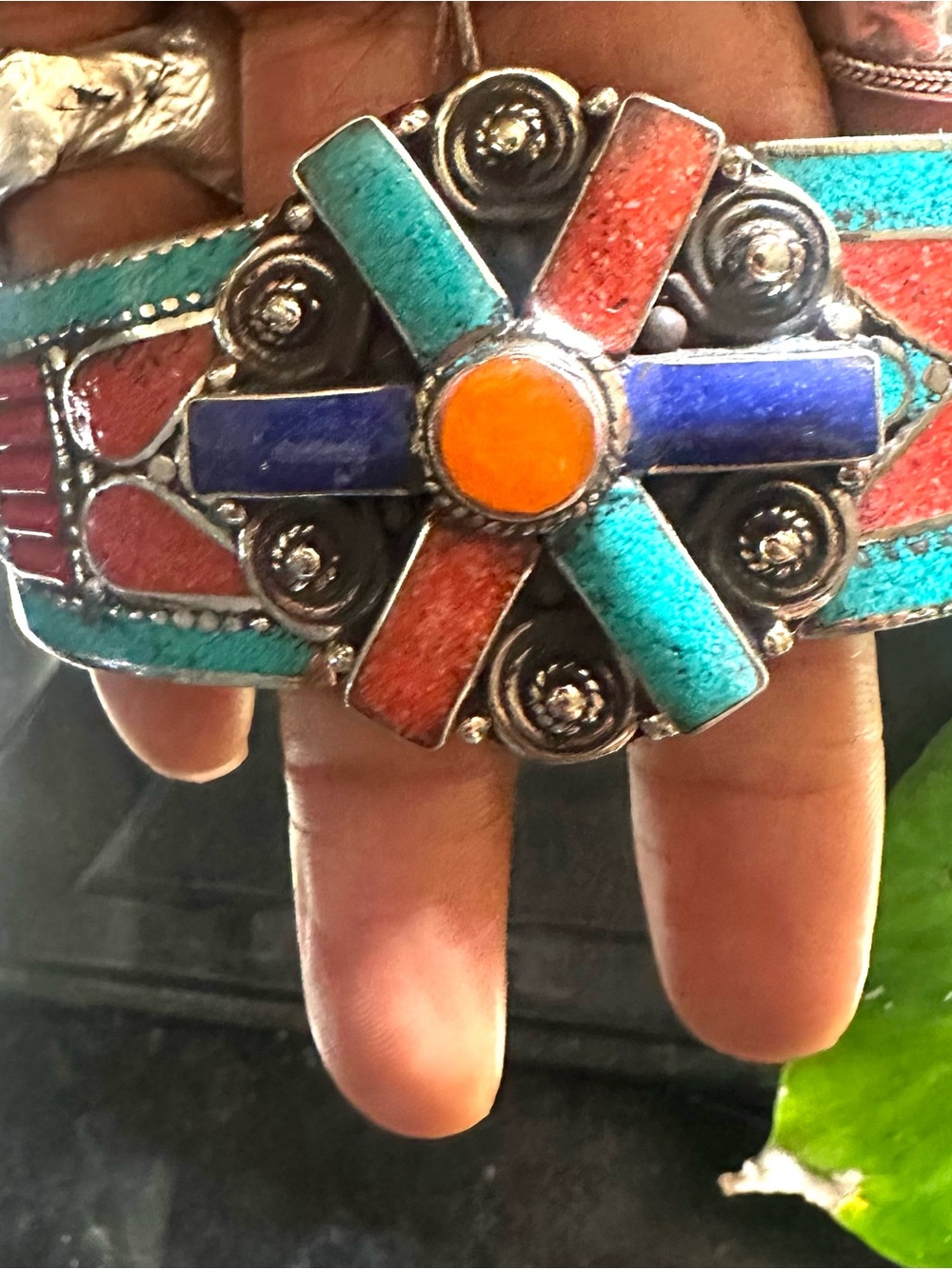 Handcrafted Tibetan Multi-Color hinged Cuff Bracelet - Turquoise, Coral & lapis